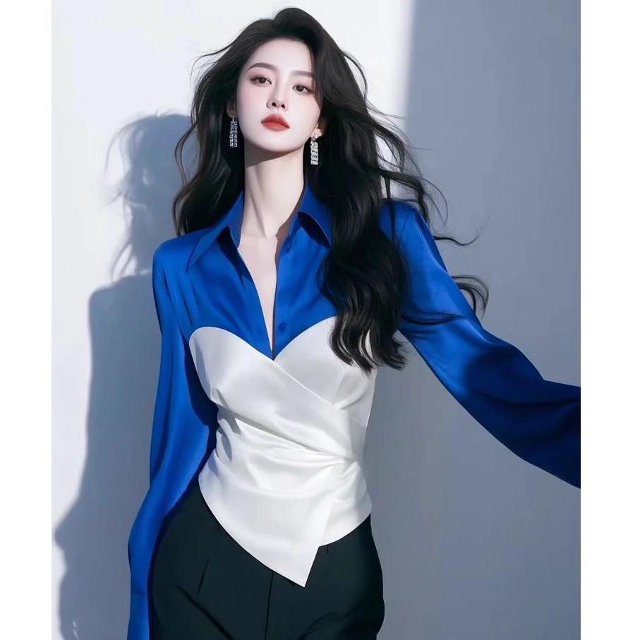 2025年春季法式气质上衣超好看独特漂亮收腰蓝白撞色时尚衬衫女