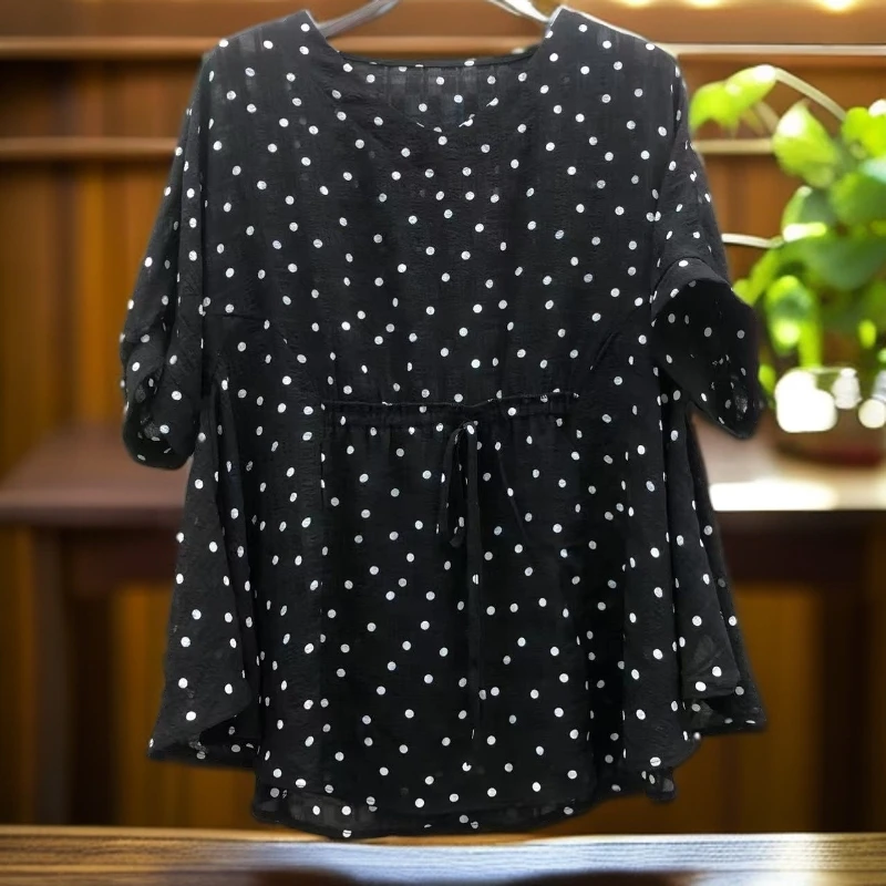 689新款经典波点V领宽松大码女上衣
