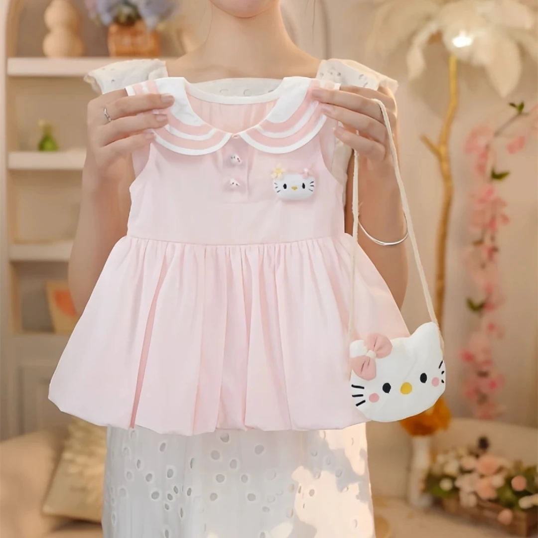 2025年夏季女宝可爱粉色猫咪海军领公主花苞裙连衣裙哈喽KT