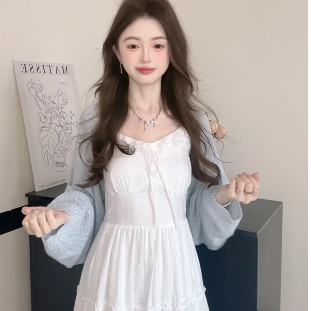 法式温柔风白色吊带裙女2025新款V领开衫连衣裙两件套装