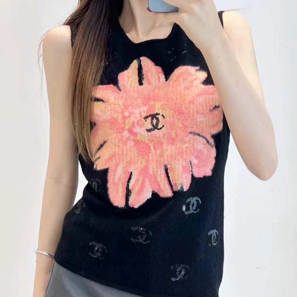 99新 Chanel/香奈儿 40码24S亮片双C粉色花朵白色无袖背心