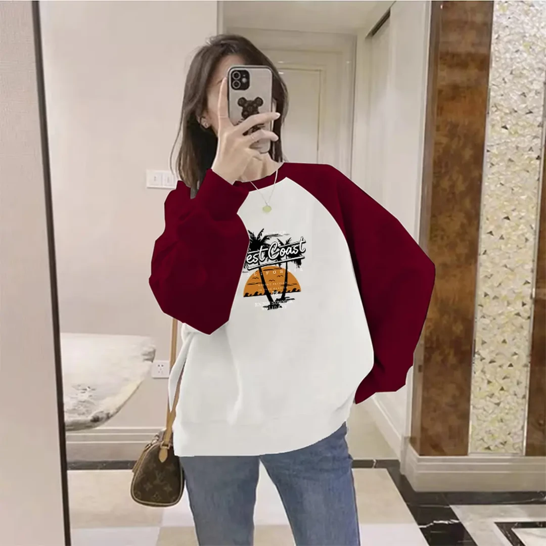 胖mm时尚撞色卫衣女秋冬韩版宽松大码打底衫休闲外套圆领加绒上衣