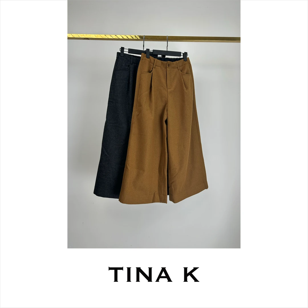 TinaK羊毛九分宽边阔腿裤显瘦百搭时尚设计师秋冬高腰KZ224126