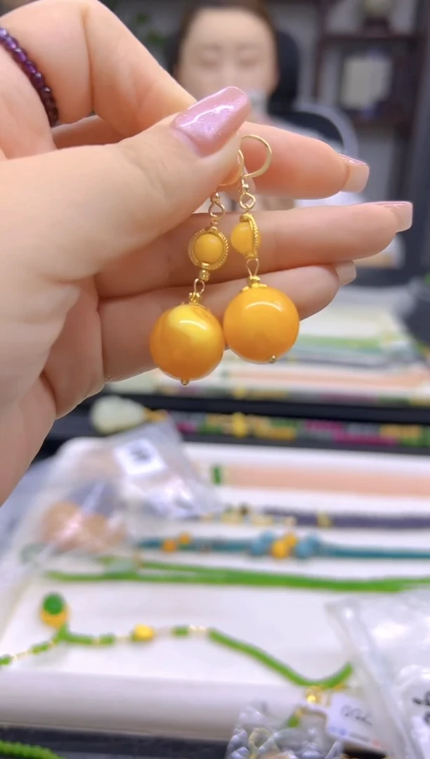 14K金镶嵌蜜蜡耳饰DIY款E496