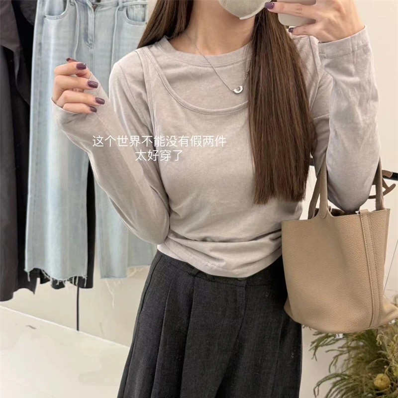 YPP!【叠穿小能手】韩版叠穿假两件长袖T恤设计感后背绑带百搭上衣