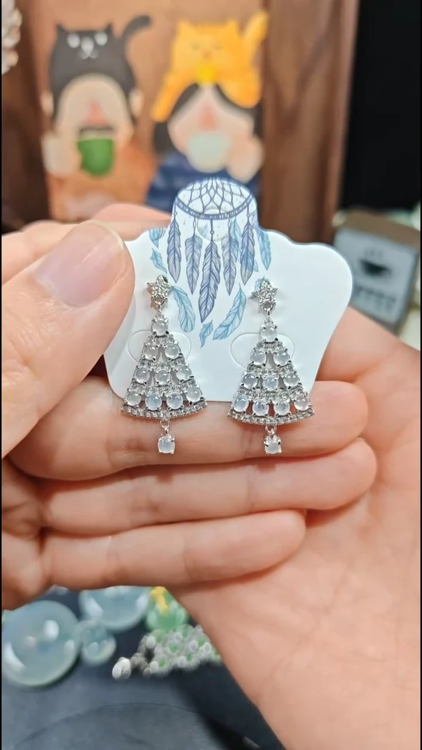 银S925镶嵌翡翠耳饰翡翠耳饰S925银镶嵌