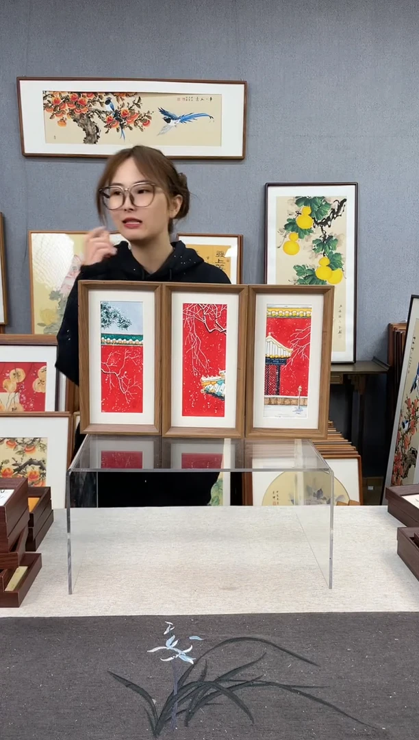 【闪购商品】国画手写手绘带框作品-16*29-三个一套