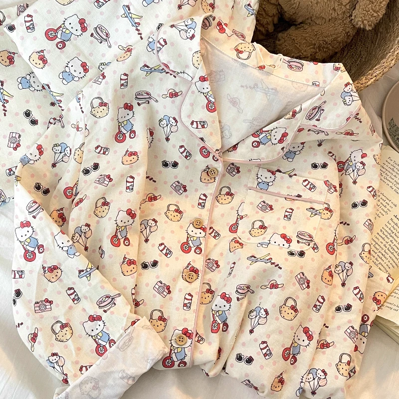 【卡通凯蒂猫】印花翻领大码睡衣女春秋少女甜美长袖家居服可出门