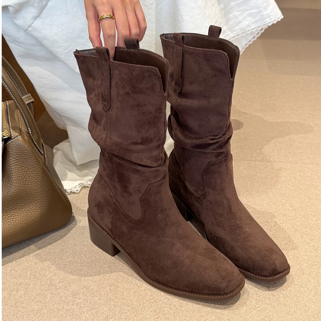 敦煌靴~V扣褶皱粗跟内增高沙漠堆堆短靴女西部靴561-8567/A9