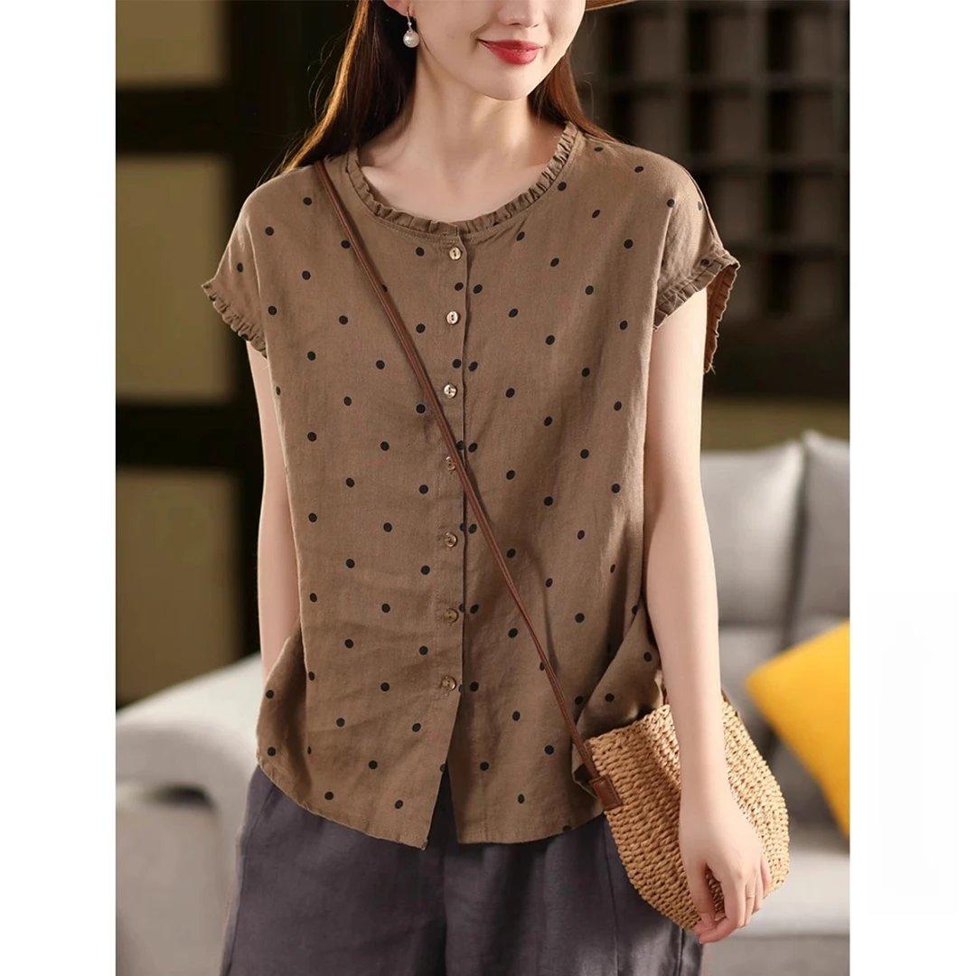 新款复古色织波点衬衫女气质木耳领衬衣夏季上衣女士亚麻上衣女