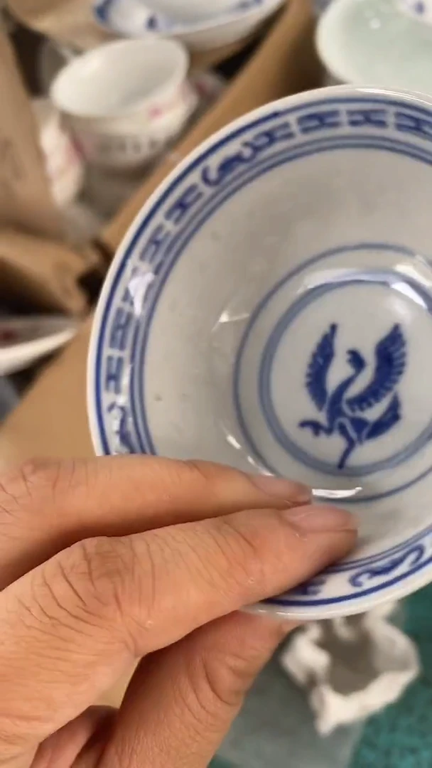 摆件玩玉青花玲珑3.5寸小茶碗 仙鹤