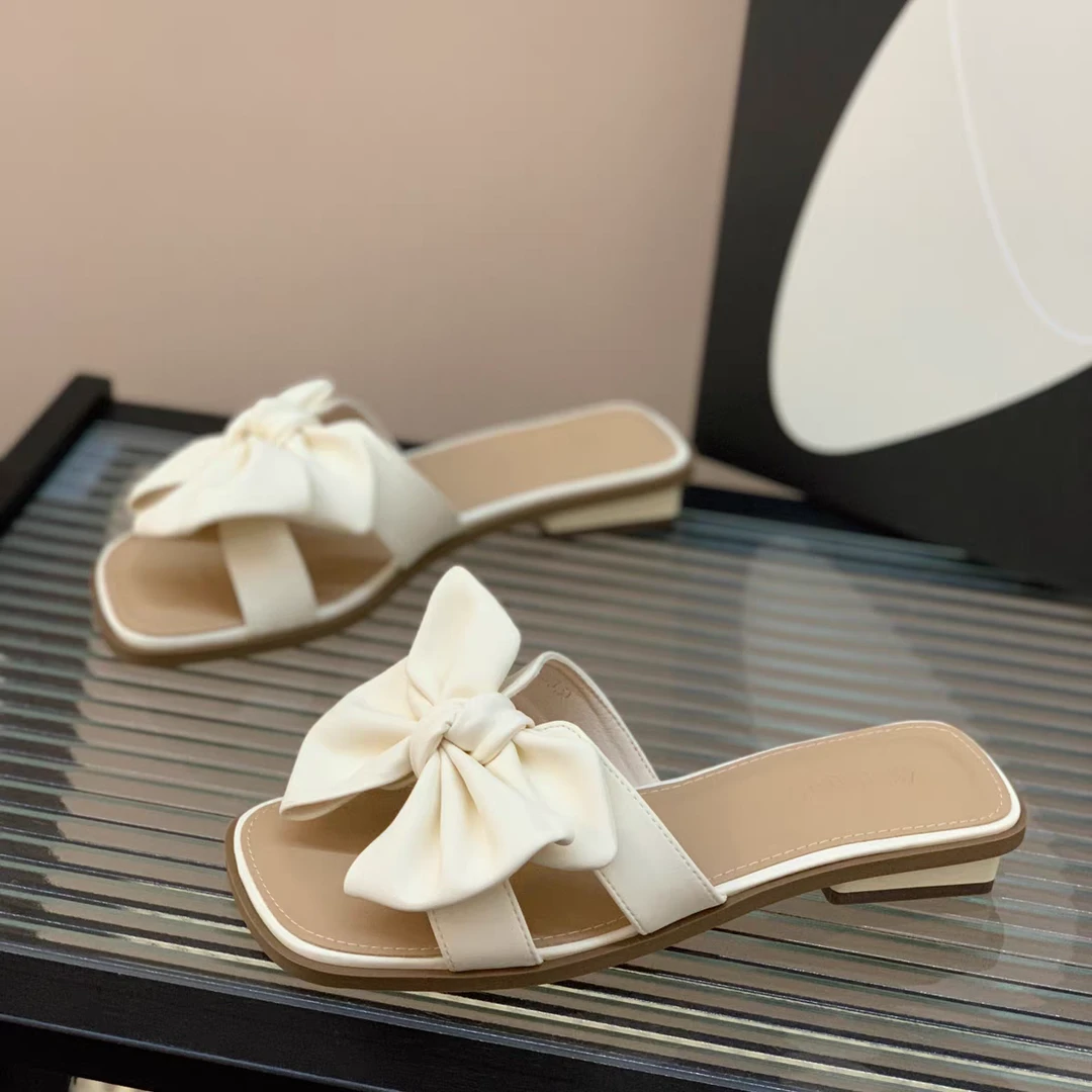 凉拖鞋女外穿夏季2025新款爆款轻奢蝴蝶结方头露趾百搭坡跟鞋子
