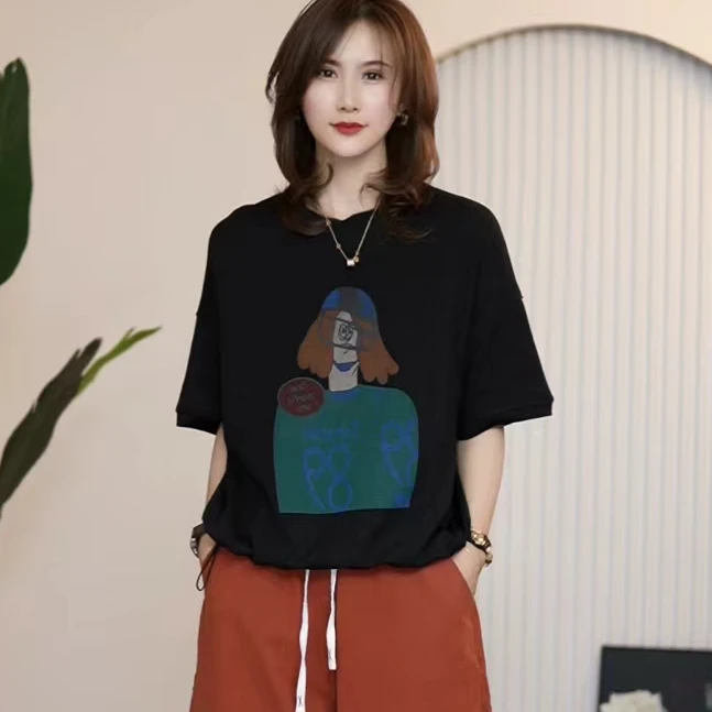 2025年夏季圆领短袖T恤宽松休闲百搭时尚印花卡通人物落肩袖上衣