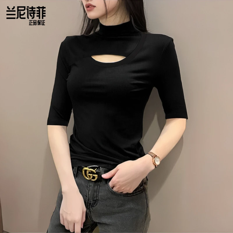 兰尼诗菲黑色螺纹半高领中袖T恤女内搭春秋款镂空五分袖修身上衣