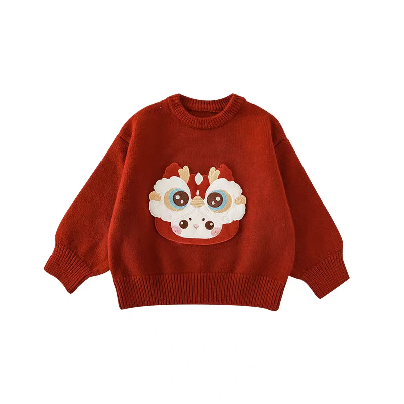 W2096-女童福气龙娃刺绣毛衣儿童可爱上衣
