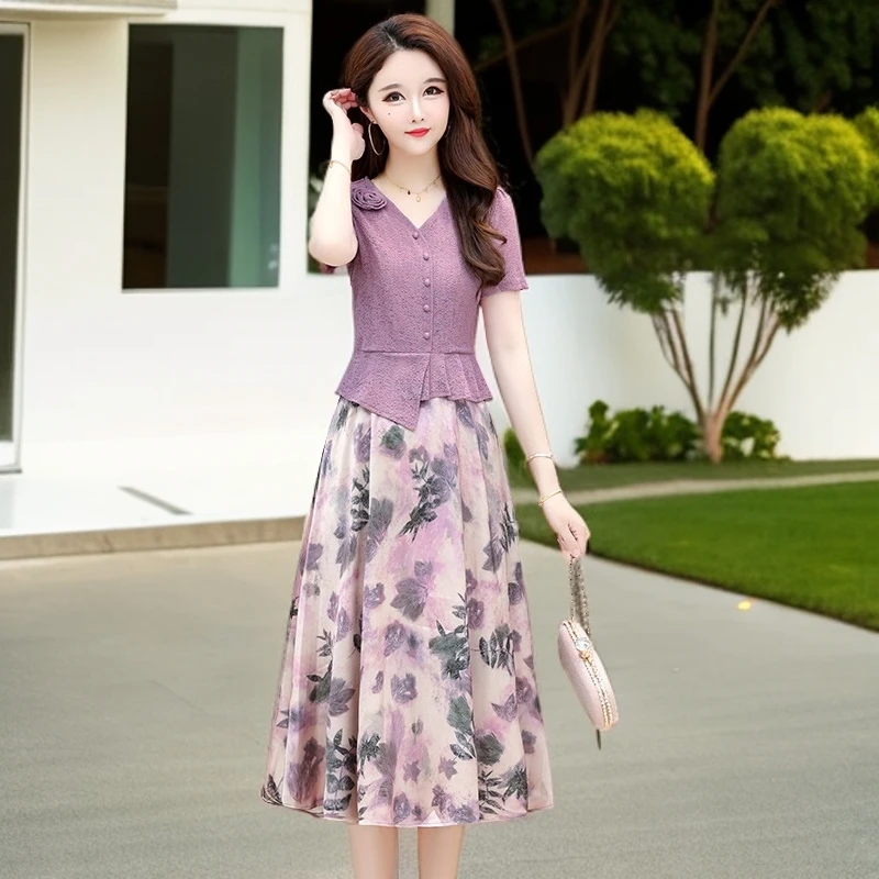 2025夏季新款大码短袖气质显瘦收腰连衣裙假两件收腰显瘦洋气时尚