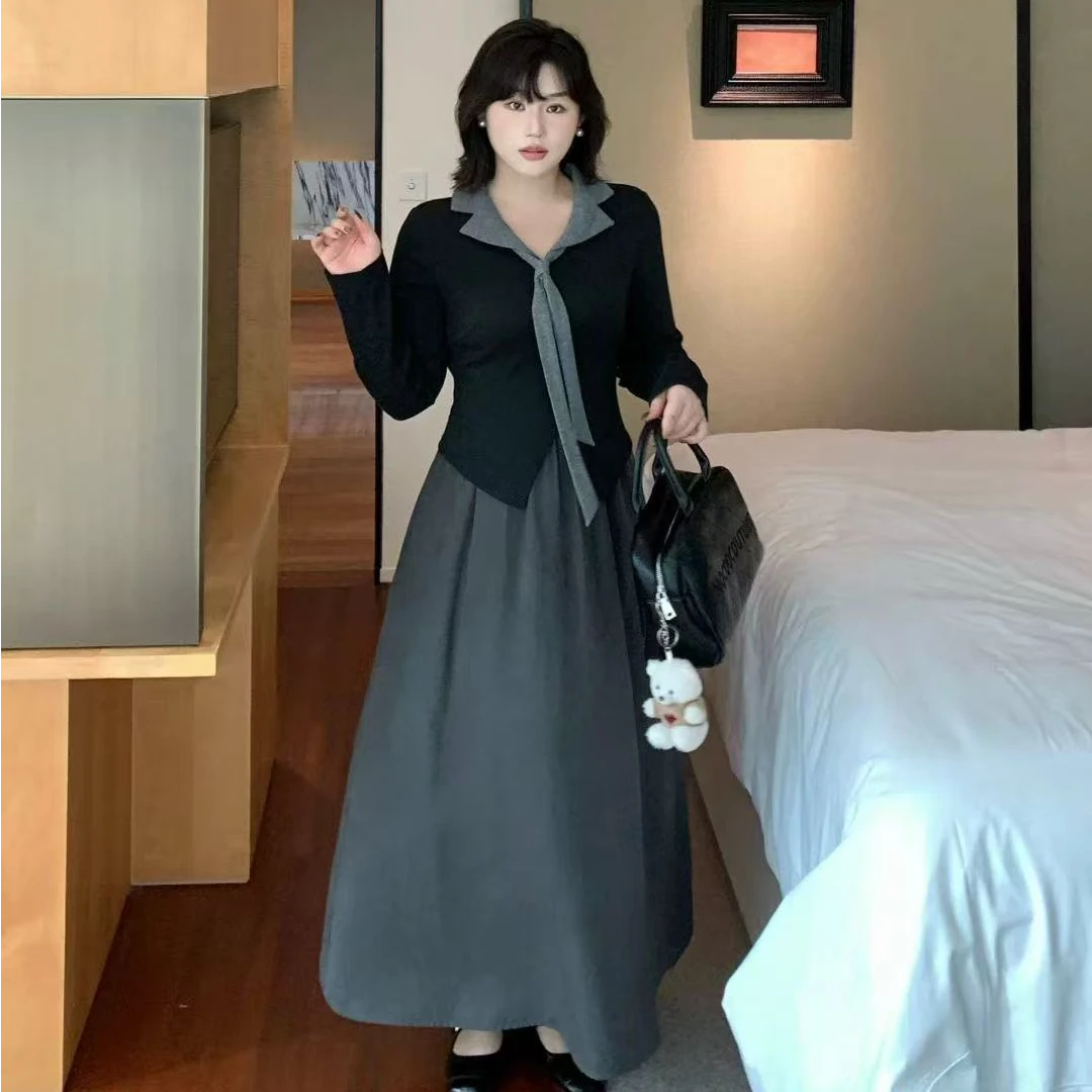 胖MM休闲风御姐风时尚套装法式秋季黑色长裙气质连衣裙