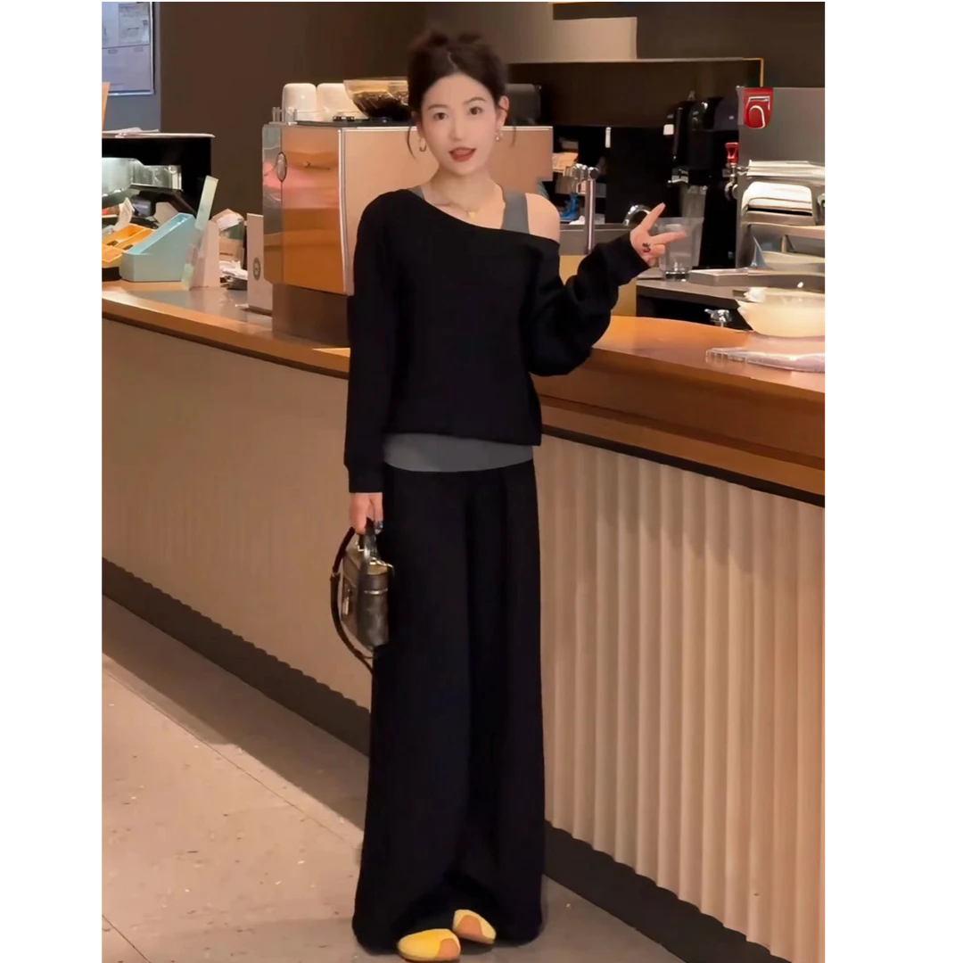 设计感斜肩假两件上衣+休闲长裤   045T