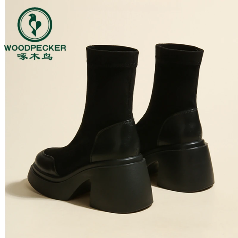 啄木鸟厚底马丁靴女增高显瘦2025秋冬新款高跟短靴粗跟弹力瘦瘦靴