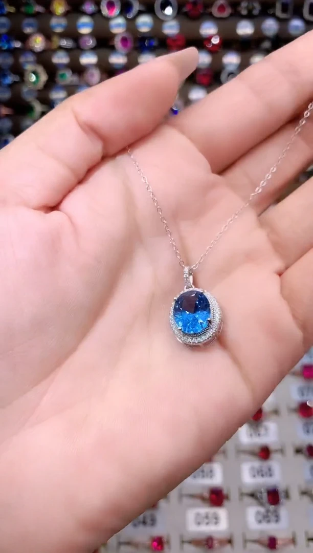 海蓝宝石颈饰银S925镶嵌911白