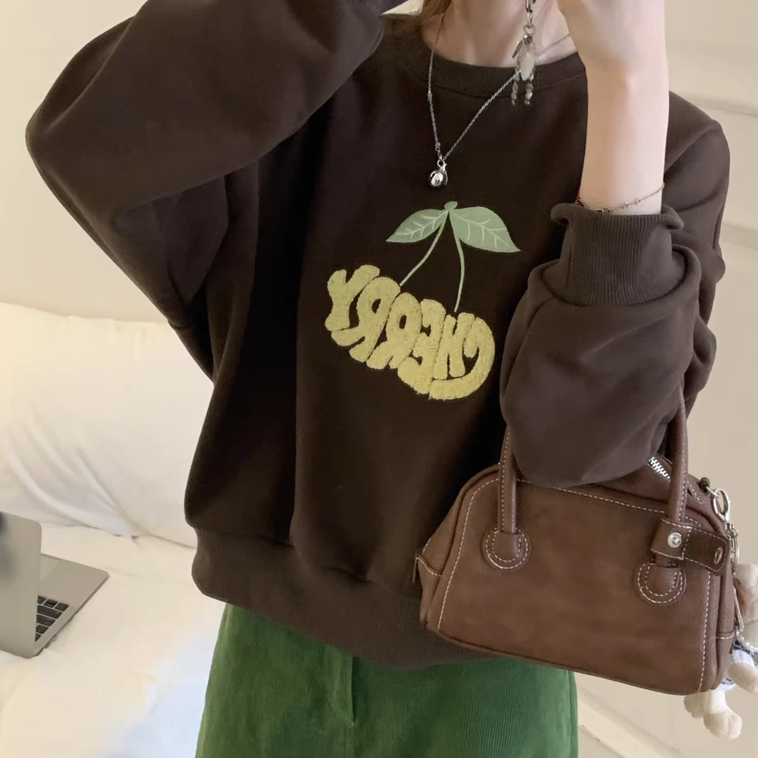 【0103#】慵懒风上衣美式圆领加绒套头卫衣女落肩袖套头款百搭