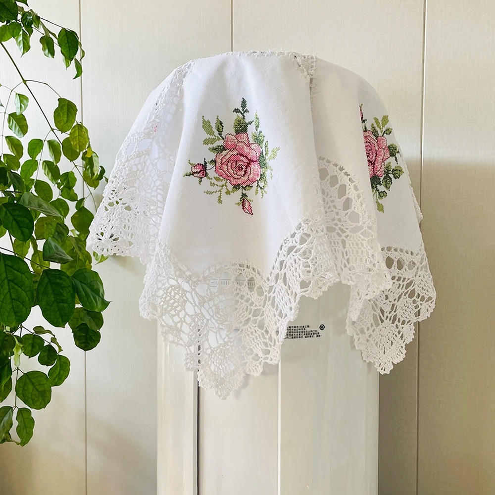 513-2【85*85cm】白色手工钩针盖巾十字绣沙发靠背巾纯棉钩花小盖布