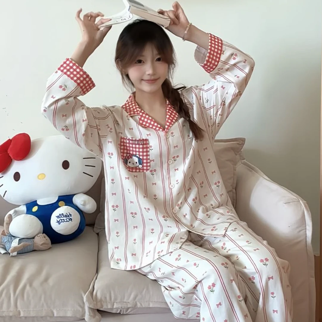 莫里伊【红格碎花kitty】小众设计休闲可外穿纯棉睡衣家居服