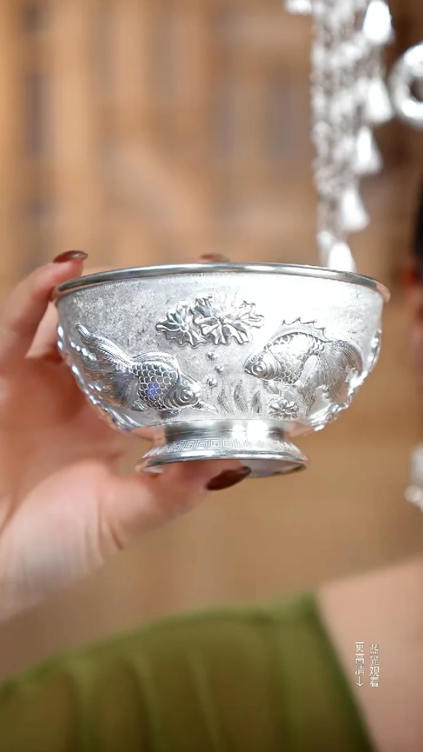 珐琅足银999双锦鲤浮雕银碗/180.9克