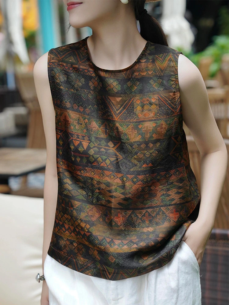 新中式黑色提花衬衫夏季无袖上衣薄款前后两穿背心改良版唐装小衫