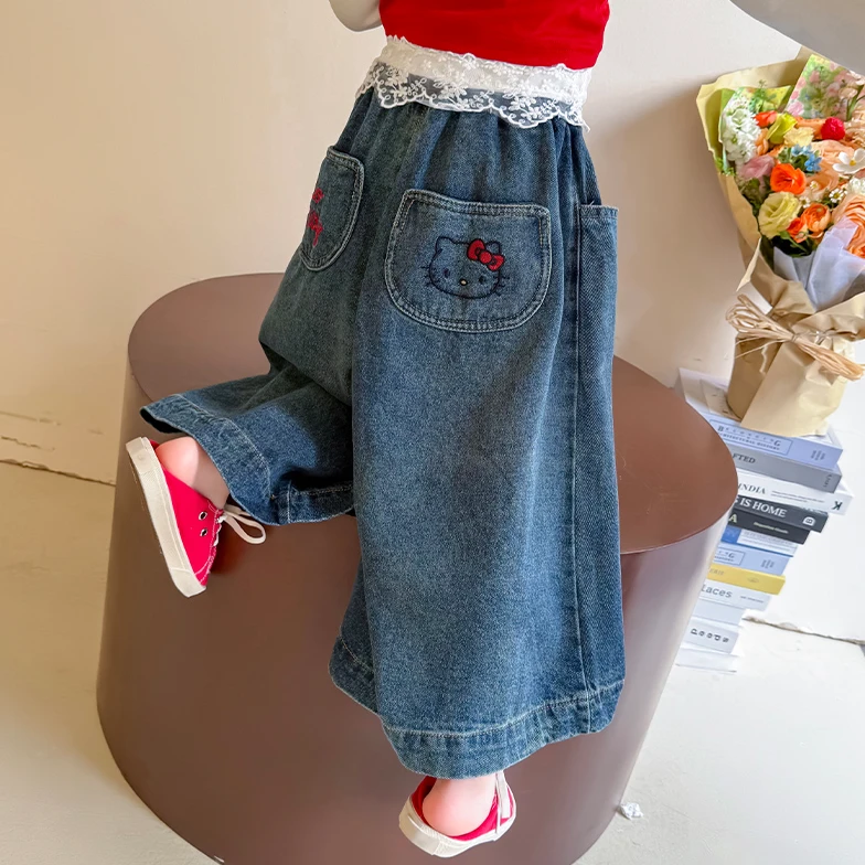 女童猫咪绣花牛仔阔腿裤洋气儿童春秋季新款女宝宝宽松休闲裤女孩