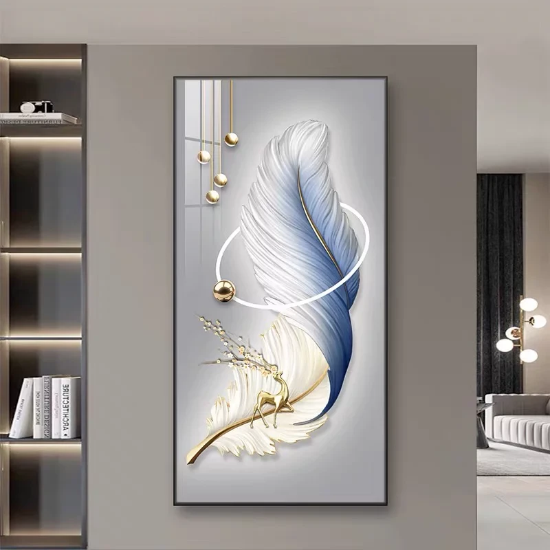 进门玄关装饰画轻奢高级感入户门挂画温馨羽毛麋鹿过道走廊壁画
