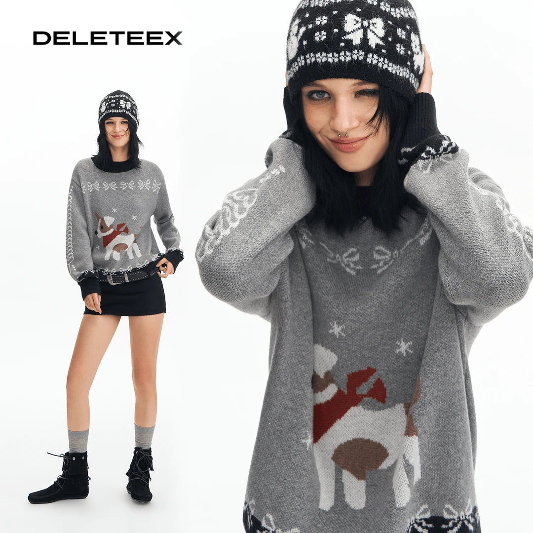 Deleteex原创回到伦敦vintage复古做旧提花小狗圆领套头羊毛毛衣
