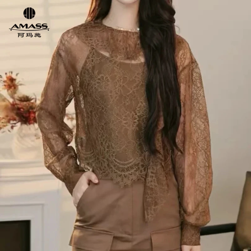 AMASS/阿玛施夏日新款气质蕾丝时尚百搭显瘦透气长袖衬衫女530077