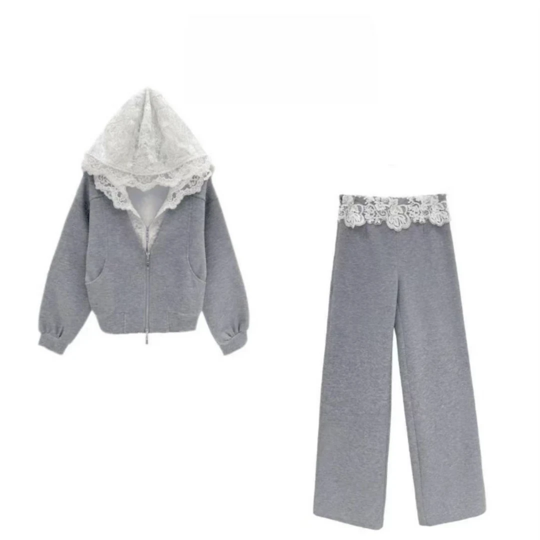 欧洲站2025早春新款蕾丝连帽拉链外套假两件休闲直筒裤套装2-3