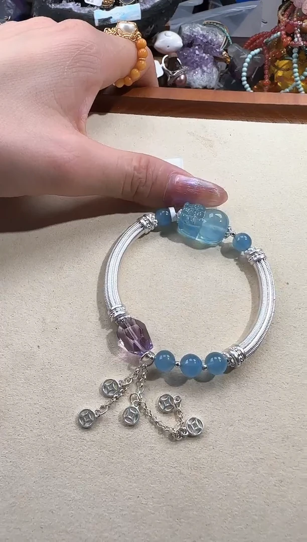 银S925镶嵌手链海蓝宝石扶**来拍4单