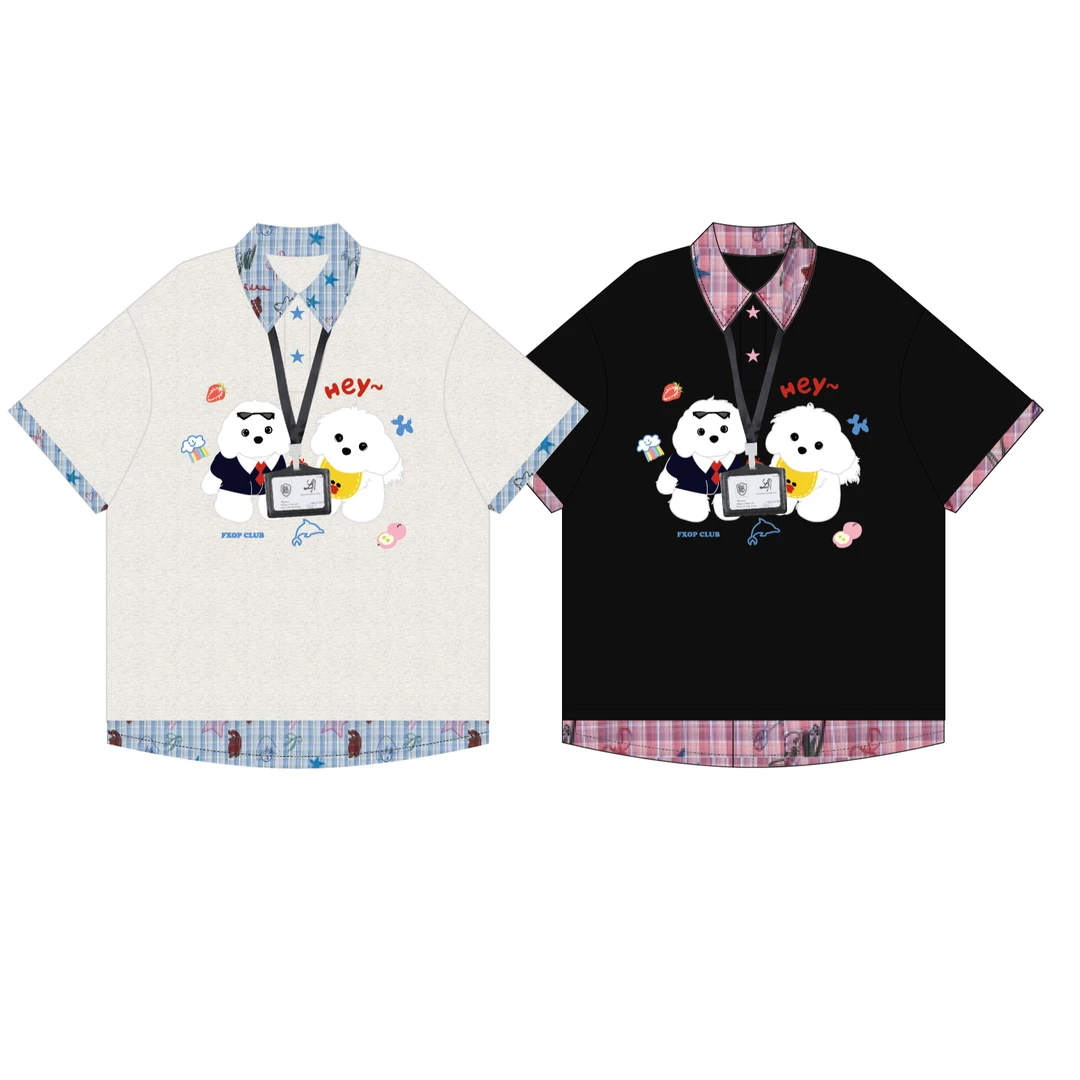 【原创设计】FXOP卡通小狗POLO衫百搭短袖t恤潮流情侣宽松短袖W136