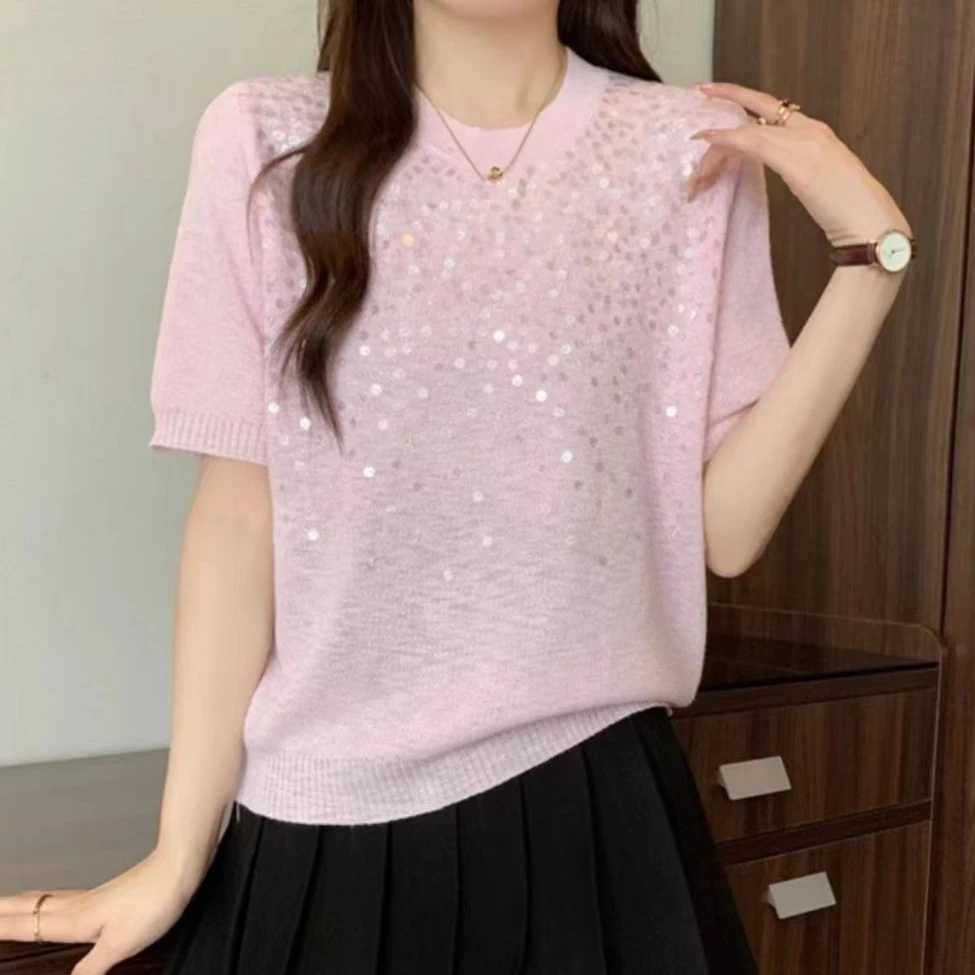 【001-100】新款薄款夏季小v领短袖ｔ恤修身针织衫女装坑条气质上衣