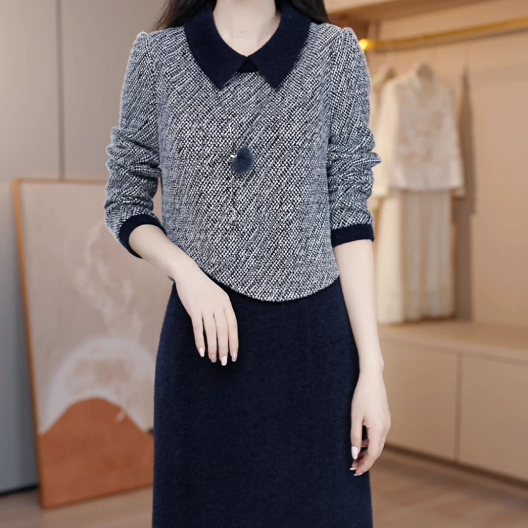 A458#[假两件]小香风洋气加厚连衣裙秋冬新款时尚裙