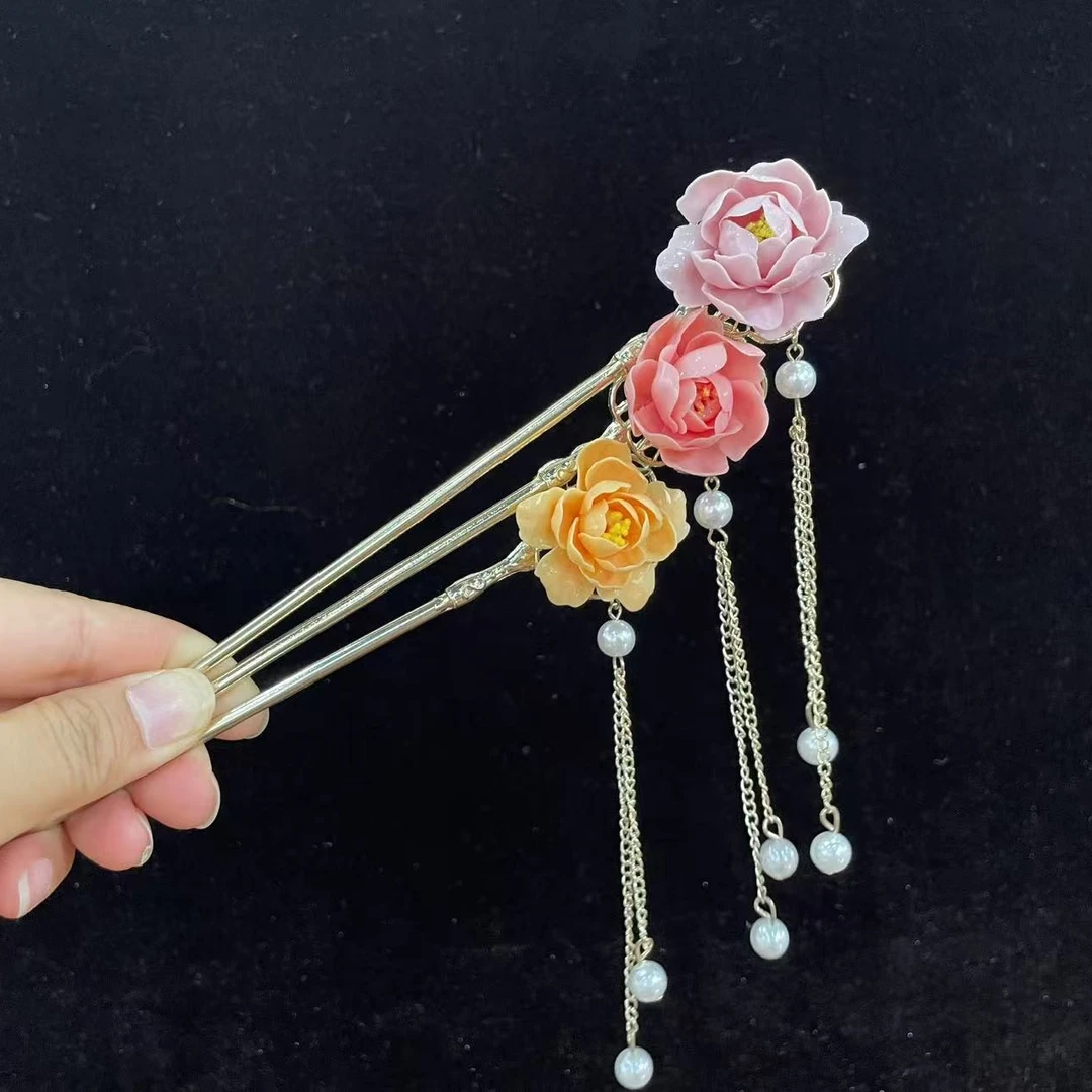 【国之韵】手工制作牡丹瓷双花发簪现代时尚简约发饰古风头饰