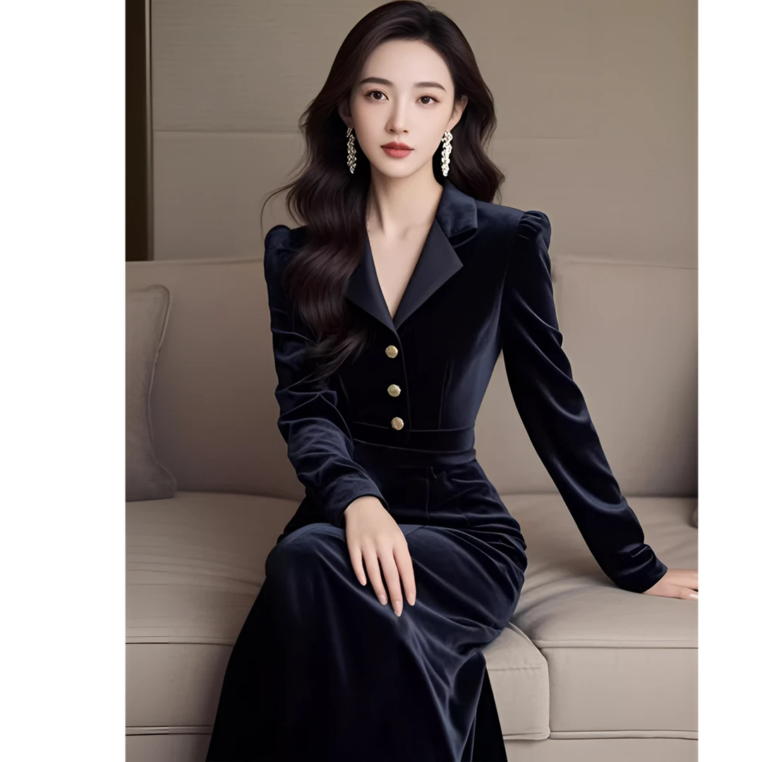 秋冬法式气质轻奢高级感超好看大方得体上流社会黑色丝绒连衣裙女