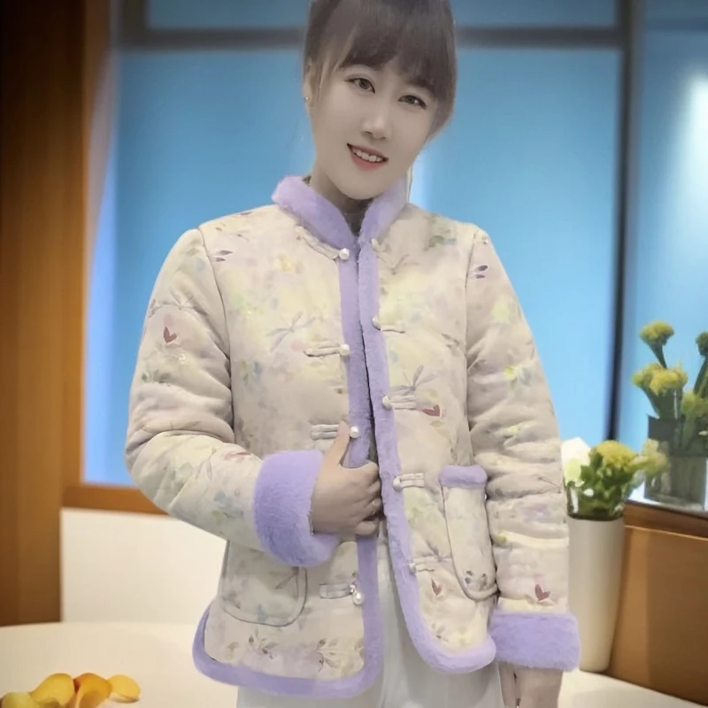 中式女装冬季国风盘扣加绒保暖棉衣碎花棉袄加厚新款棉服网红外套
