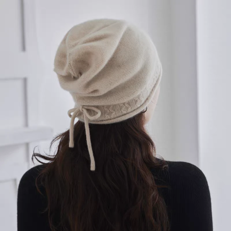 百搭山羊绒帽子女包头卷边显脸小护耳帽堆堆冬季保暖系绳针织帽