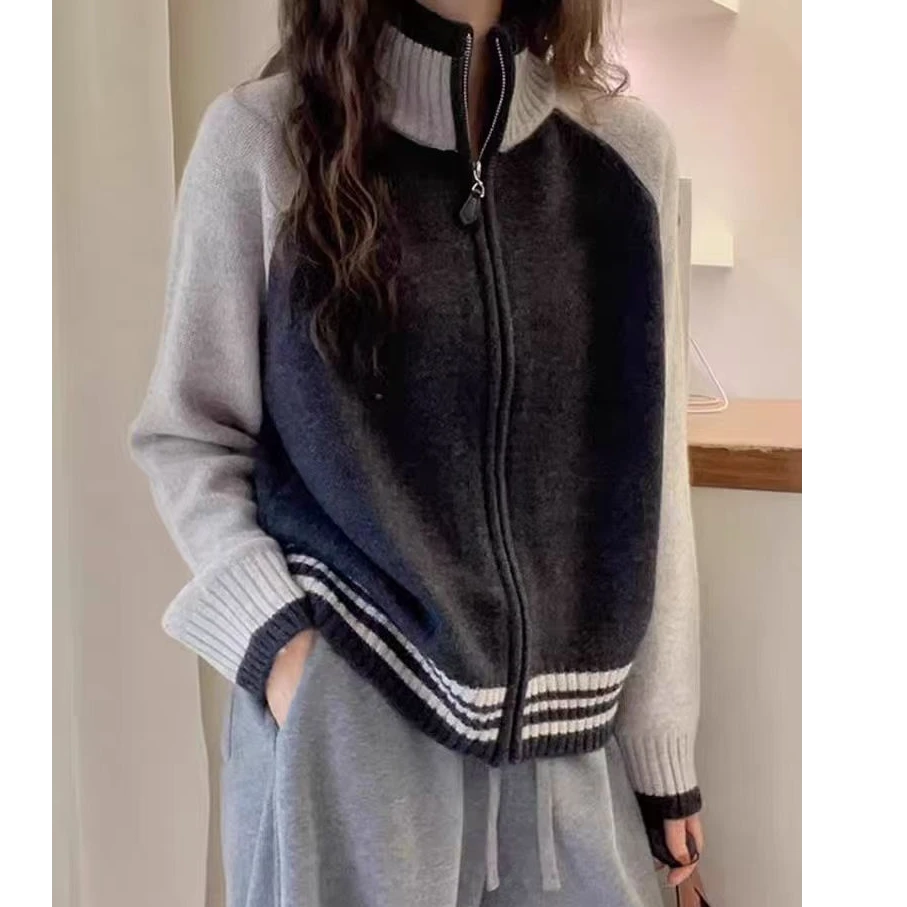 网红拼色休闲羊毛开衫气质撞色宽松外穿毛衣开衫时尚百搭拉链外套