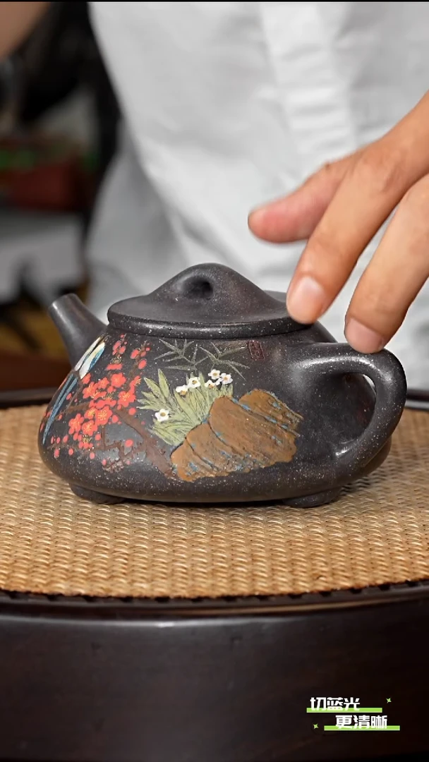 宜兴紫砂 ZST 古象天青 景舟石瓢 300cc 送花盆 四条屏画 四杯