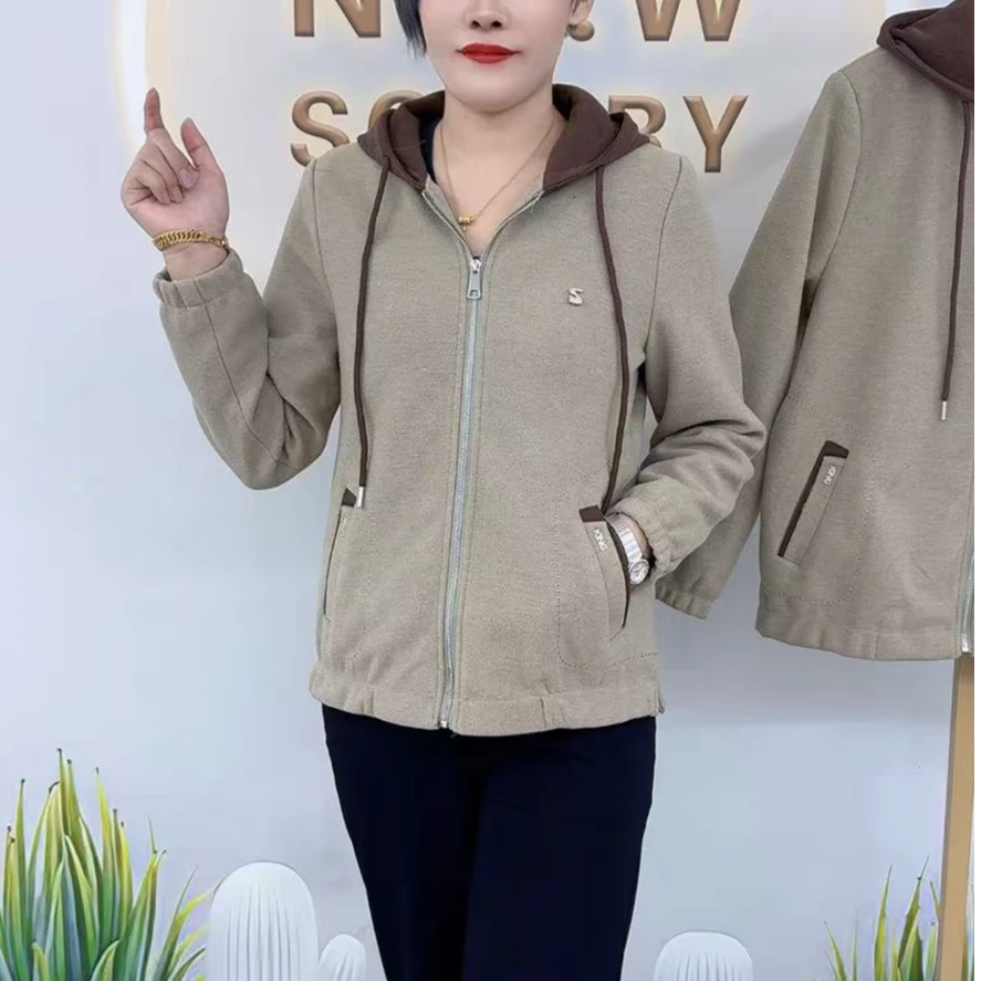 咖色连帽拉链开衫加衬妈妈减龄外套上档次爆款精品时尚单件洋气