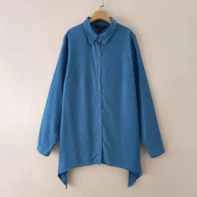 (衣兮深蓝色牛仔衬衫)春季基础款柔软舒适宽松休闲纯色翻领衬衣W