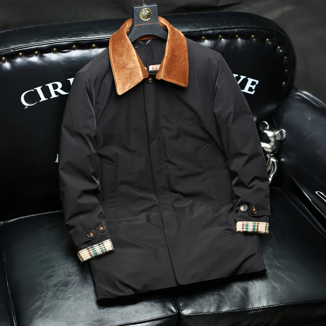 路茨梅帕可脱卸灯芯绒拼接中长款大衣翻领90白鸭绒羽绒服男外套