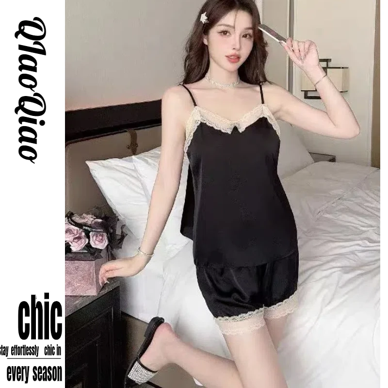 睡衣女夏季冰丝薄款蕾丝吊带短裤带胸垫高级感外穿家居服套装