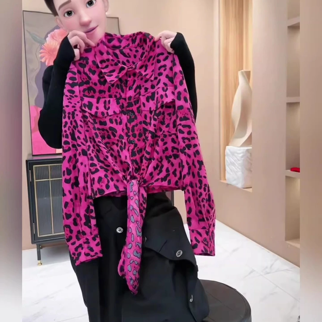 欧洲站时髦新款翻领绑带宽松长袖玫红色豹纹衬衫上衣女百搭衬衣潮