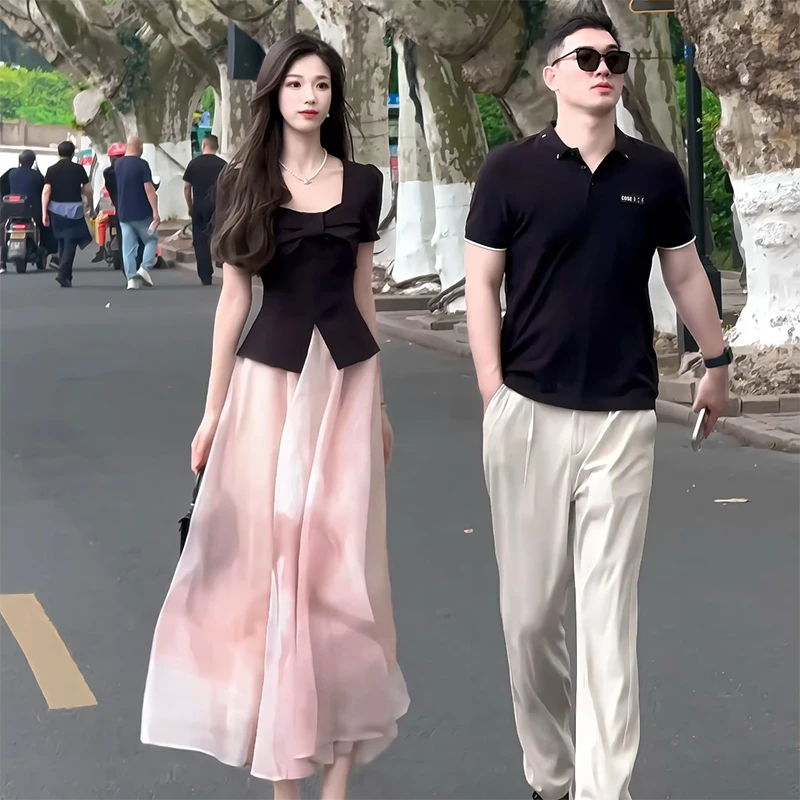 高级感气质短袖套装女夏季时尚轻奢修身上衣高腰百搭半身裙两件套